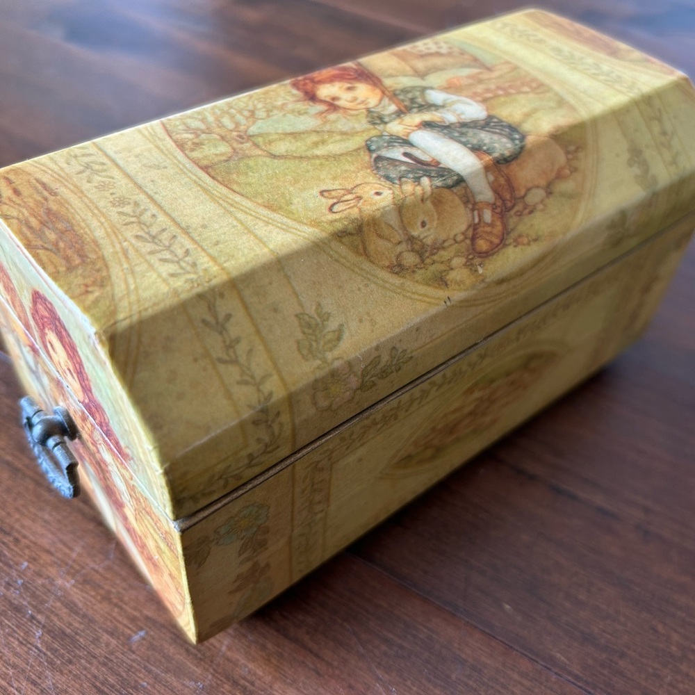 Vintage Hallmark Decoupage  Jewelry Trinket Box Girl with Rabbits & Umbrella